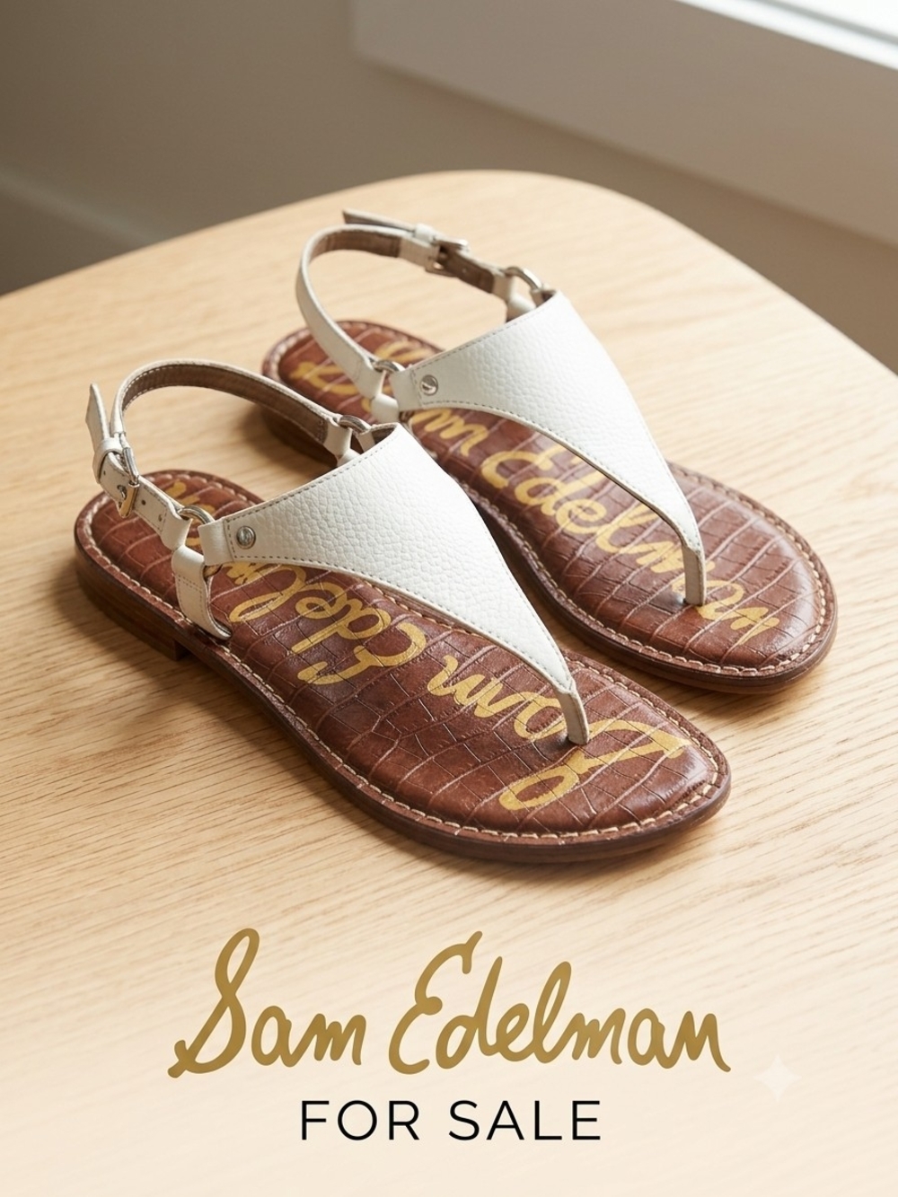 Sam Edelman White Leather Thong Sandals with Brown Footbed